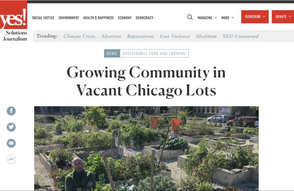 Screenshot of a Yes! Magazine article called "Growing Community in Vacant Chicago Lots"