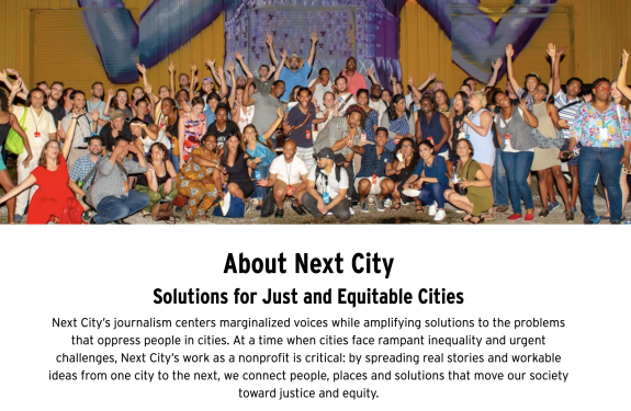 Screenshot of the Next City About page showing their mission statement