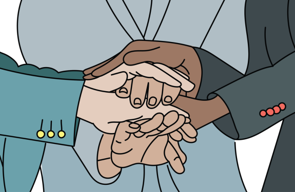 Illustration of people putting their hands on top of one another's in a gesture of teamwork